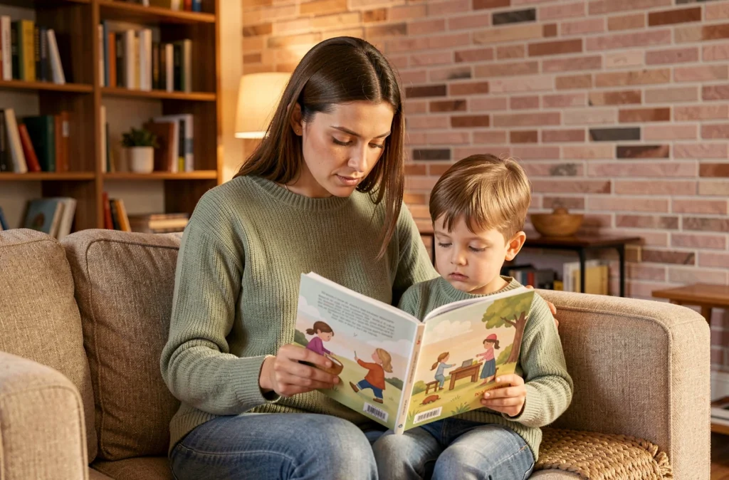 Une garde d'enfants Kinougarde Toulouse lit une histoire illustrée à un enfant sur un canapé dans un appartement toulousain