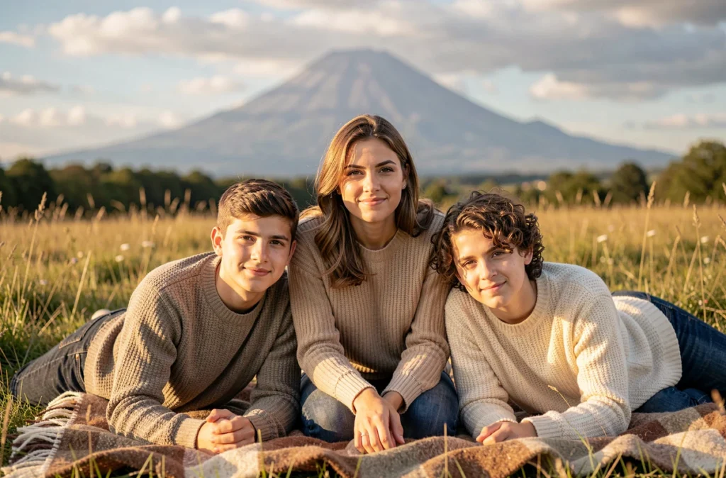 Portrait de famille en lumière naturelle dans une prairie près de Clermont-Ferrand avec le Puy de Dôme en arrière-plan