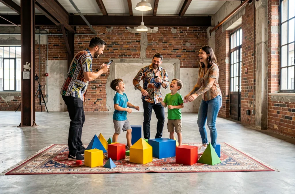 Séance photo créative de famille et portrait dans un loft industriel à Lyon avec des accessoires colorés et des murs en brique apparente