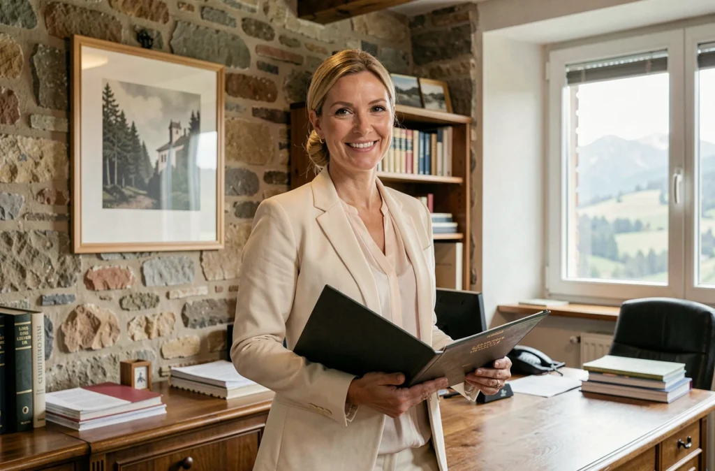 Maître Amandine Georgeon, avocate en droit de la famille à Lons-le-Saunier, souriante dans son cabinet avec mur en pierre et paysage jurassien en fond