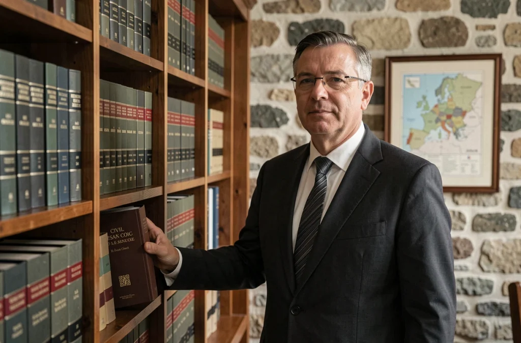 Maître Benjamin Levy, avocat spécialisé en droit de la famille à Besançon, debout devant une bibliothèque juridique dans un bureau aux murs en pierre