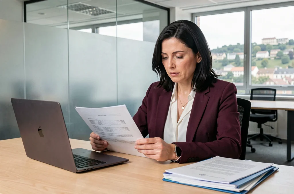 Maître Caroline Bonnetain, avocate en droit de la famille à Besançon, consultant un document juridique à son bureau moderne avec vue sur la ville