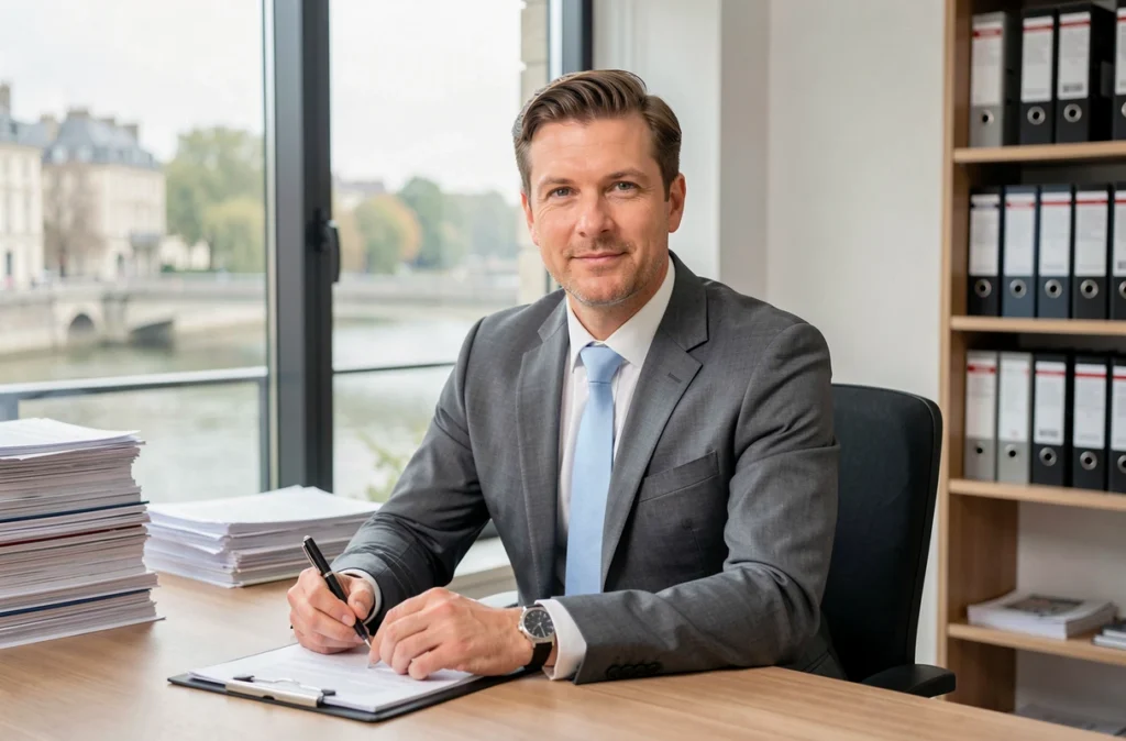 Maître Florian Louard, avocat en droit de la famille à Mâcon, assis à son bureau avec vue partielle sur la Saône en arrière-plan