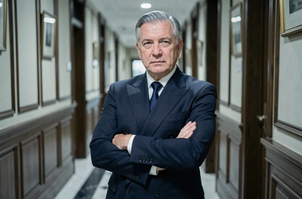 Maître Jean-Philippe Morel, avocat en droit de la famille à Dijon, debout dans le couloir de son cabinet en costume marine classique