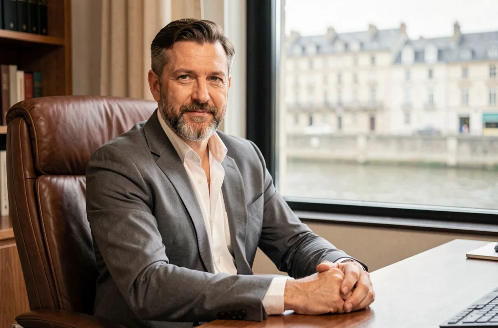 Maître Laurent Delmas, avocat en droit de la famille à Chalon-sur-Saône, assis dans son fauteuil de bureau avec vue sur les bords de Saône