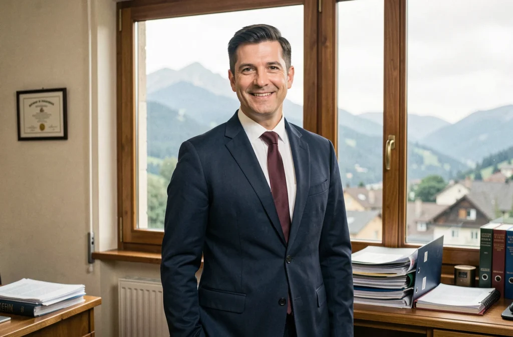 Maître Mikaël Bensaid, avocat en droit de la famille à Lons-le-Saunier, en costume marine devant une fenêtre avec vue sur les collines du Jura