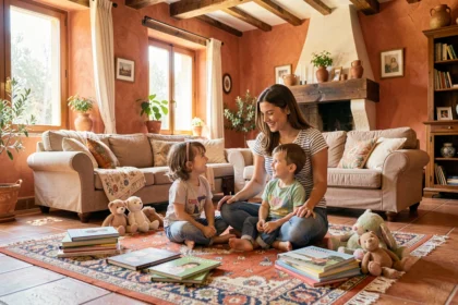 Une baby-sitter souriante en Occitanie joue avec deux enfants dans un salon chaleureux aux murs en terre cuite