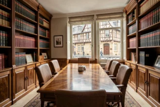 Vue d'ensemble d'un cabinet d'avocats en droit de la famille en Bourgogne-Franche-Comté, avec une table de réunion en bois, des rayonnages juridiques et une fenêtre donnant sur une rue historique de Dijon