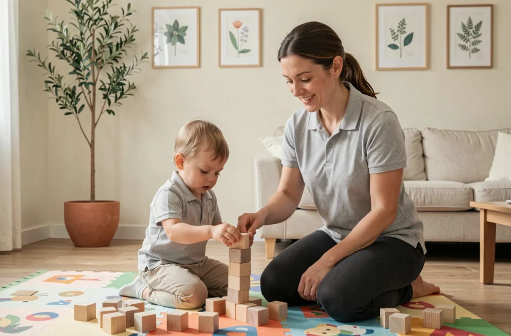 Une aide à domicile O2 Care Services Montpellier construit des blocs de bois avec un tout-petit dans un salon ordonné