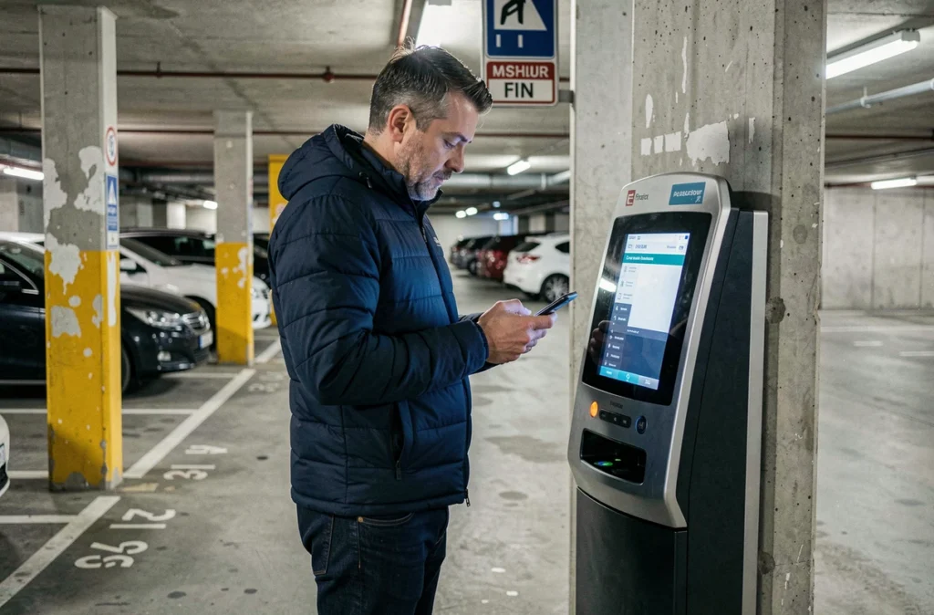 Homme utilisant un horodateur dans un parking couvert à plusieurs niveaux près du centre commercial Le Cardo à Orvault