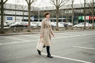 Femme marchant dans un parking extérieur près d'un centre commercial à Orvault, espaces de stationnement bien délimités visibles