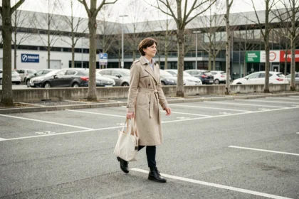 Femme marchant dans un parking extérieur près d'un centre commercial à Orvault, espaces de stationnement bien délimités visibles