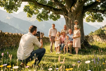 Photographe de famille en séance en plein air en Auvergne-Rhône-Alpes avec une famille multigénérationnelle dans un paysage de montagne verdoyant
