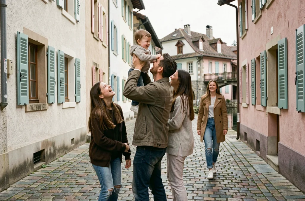 Séance photo journalistique en famille dans les ruelles de la vieille ville d'Annecy avec des canaux en arrière-plan