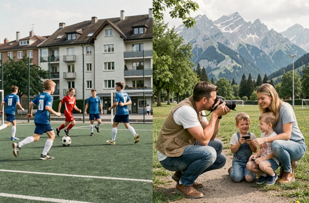Photographe polyvalent en action à Grenoble, couvrant à la fois un match de sport jeunesse et une séance photo de famille en parc