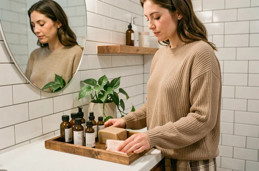 Femme en pull tricot devant un plateau de soins bien-être postnatal en salle de bain avec carrelage blanc et accessoires naturels