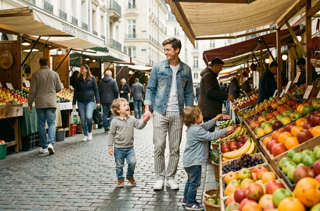 Reportage familial spontané dans un marché en plein air à Lyon avec un couple et leurs enfants