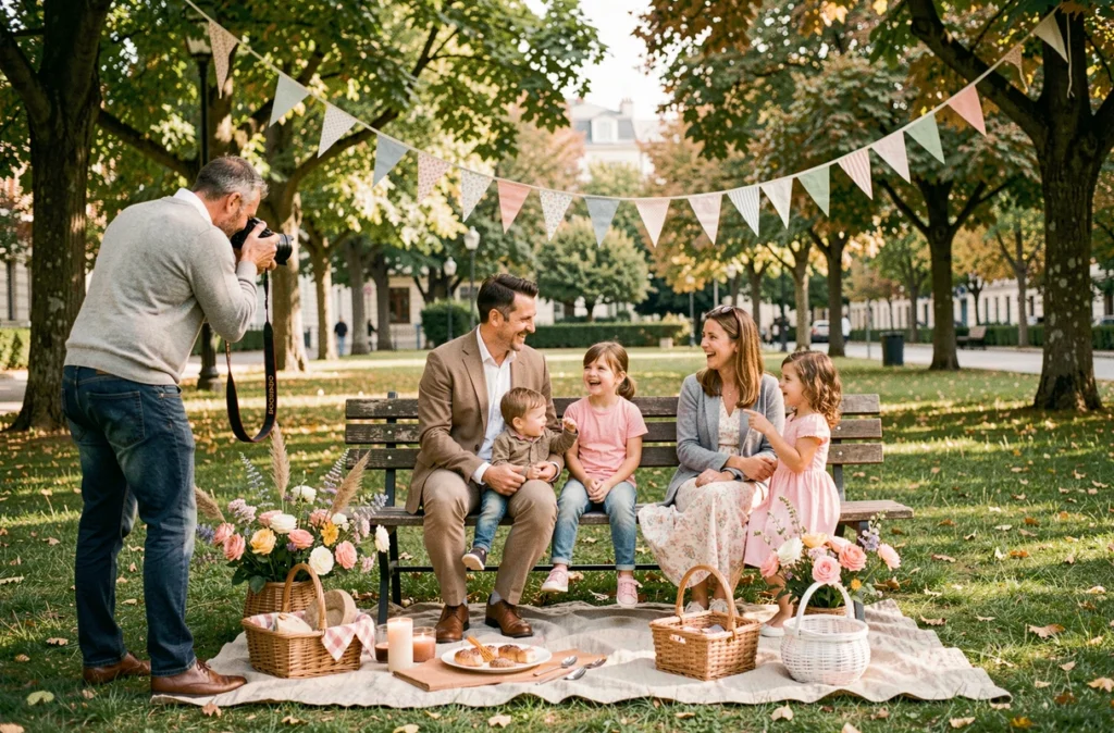 Photographe événementiel et familial capturant discrètement une célébration en famille dans un parc à Lyon