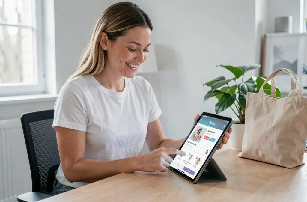 Une baby-sitter inscrite sur Yoopala consulte l'application de mise en relation sur une tablette dans un espace de travail moderne