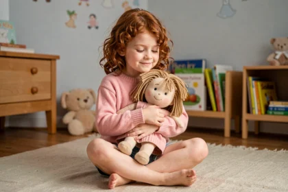 Petite fille hypersensible tenant une poupée en chiffon douce dans une chambre cosy et apaisante